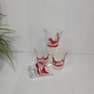 4 Vintage Fighting Rooster, Juice Glasses, Swanky Swig Style, MCM Rooster Decor